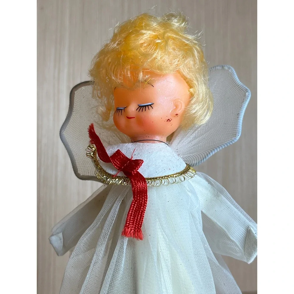Vintage Blonde Angel Christmas Tree Topper White Mesh Gown Red Ribbon Bow MCM